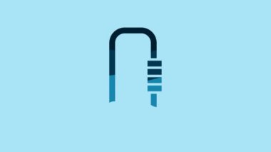 Blue Carabiner icon isolated on blue background. Extreme sport. Sport equipment. 4K Video motion graphic animation.