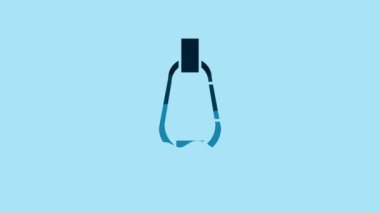 Blue Carabiner icon isolated on blue background. Extreme sport. Sport equipment. 4K Video motion graphic animation.