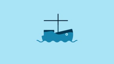 Blue Fishing boat on water icon isolated on blue background. 4K Video motion graphic animation.