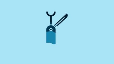 Blue Swiss army knife icon isolated on blue background. Multi-tool, multipurpose penknife. Multifunctional tool. 4K Video motion graphic animation.