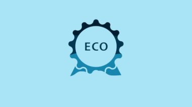 Blue Banner, label, tag, logo for eco green healthy food icon isolated on blue background. Organic product. Healthy food sticker. 4K Video motion graphic animation.