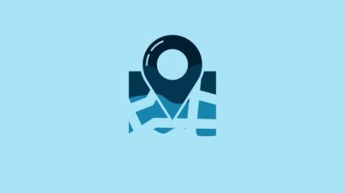 Blue Folded map with location marker icon isolated on blue background. 4K Video motion graphic animation.