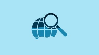 Blue Magnifying glass with globe icon isolated on blue background. Analyzing the world. Global search sign. 4K Video motion graphic animation.