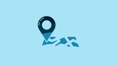 Blue Folded map with location marker icon isolated on blue background. 4K Video motion graphic animation.