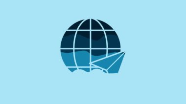 Blue Location on the globe icon isolated on blue background. World or Earth sign. 4K Video motion graphic animation.