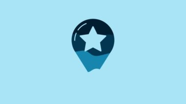 Blue Map pointer with star icon isolated on blue background. Star favorite pin map icon. Map markers. 4K Video motion graphic animation.