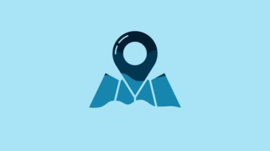 Blue Folded map with location marker icon isolated on blue background. 4K Video motion graphic animation.