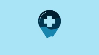 Blue Medical map pointer with cross hospital icon isolated on blue background. 4K Video motion graphic animation.