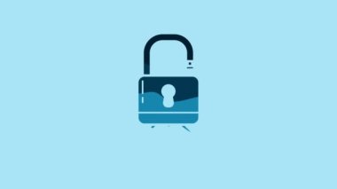 Blue Cyber security icon isolated on blue background. Closed padlock on digital circuit board. Safety concept. Digital data protection. 4K Video motion graphic animation.