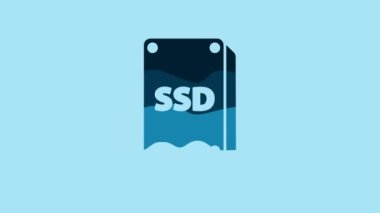 Blue SSD card icon isolated on blue background. Solid state drive sign. Storage disk symbol. 4K Video motion graphic animation.