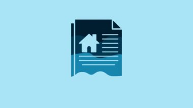 Blue House contract icon isolated on blue background. Contract creation service, document formation, application form composition. 4K Video motion graphic animation.