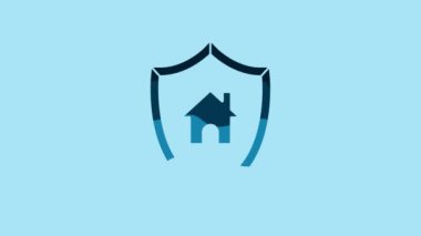 Blue House with shield icon isolated on blue background. Insurance concept. Security, safety, protection, protect concept. 4K Video motion graphic animation.