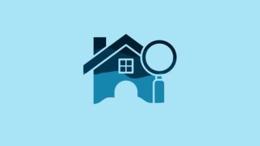 Blue Search house icon isolated on blue background. Real estate symbol of a house under magnifying glass. 4K Video motion graphic animation.