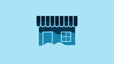 Blue Shopping building or market store icon isolated on blue background. Shop construction. 4K Video motion graphic animation.