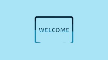 Blue Doormat with the text Welcome icon isolated on blue background. Welcome mat sign. 4K Video motion graphic animation.