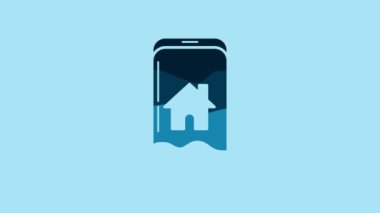 Blue Mobile phone with smart home icon isolated on blue background. Remote control. 4K Video motion graphic animation.