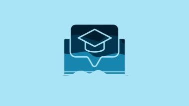 Blue Graduation cap on screen laptop icon isolated on blue background. Online learning or e-learning concept. 4K Video motion graphic animation.