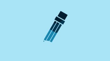 Blue Pencil with eraser icon isolated on blue background. Drawing and educational tools. School office symbol. 4K Video motion graphic animation.