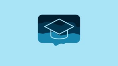 Blue Graduation cap in speech bubble icon isolated on blue background. Graduation hat with tassel icon. 4K Video motion graphic animation.