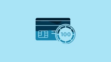 Blue Credit card icon isolated on blue background. Online payment. Cash withdrawal. Financial operations. Shopping sign. 4K Video motion graphic animation.