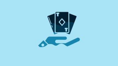 Blue Hand holding deck of playing cards icon isolated on blue background. Casino gambling. 4K Video motion graphic animation.