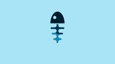 Blue Fish skeleton icon isolated on blue background. Fish bone sign. 4K Video motion graphic animation.
