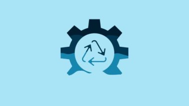 Blue Recycle symbol and gear icon isolated on blue background. Circular arrow icon. Environment recyclable go green. 4K Video motion graphic animation.