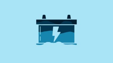 Blue Car battery icon isolated on blue background. Accumulator battery energy power and electricity accumulator battery. Lightning bolt. 4K Video motion graphic animation.