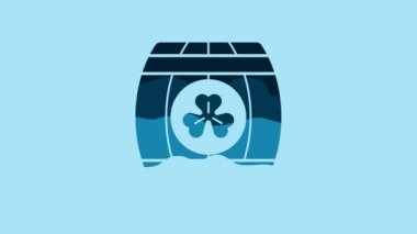 Blue Wooden barrel with four leaf clover icon isolated on blue background. Alcohol barrel, wooden keg for beer, whiskey, wine. 4K Video motion graphic animation.