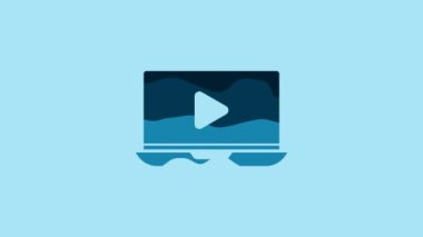 Blue Online play video icon isolated on blue background. Laptop and film strip with play sign. 4K Video motion graphic animation.