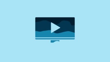 Blue Online play video icon isolated on blue background. Computer monitor and film strip with play sign. 4K Video motion graphic animation.