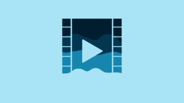 Blue Play Video icon isolated on blue background. Film strip with play sign. 4K Video motion graphic animation.