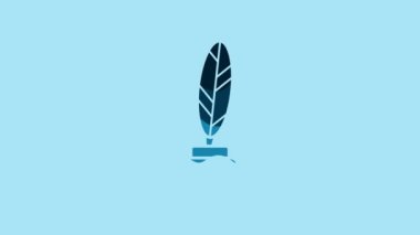 Blue Feather and inkwell icon isolated on blue background. 4K Video motion graphic animation.