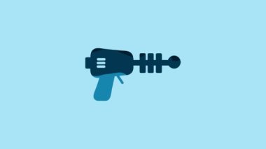Blue Ray gun icon isolated on blue background. Laser weapon. Space blaster. 4K Video motion graphic animation.