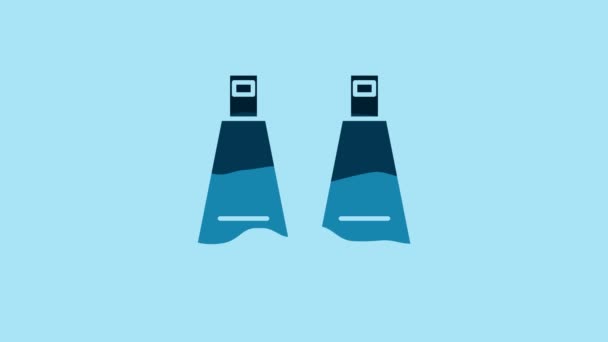 青の背景に隔離された水泳アイコンのための青ラバーフリッパー 潜水装置だ 極端なスポーツだ 潜水水中機器 4Kビデオモーショングラフィックアニメーション — ストック動画