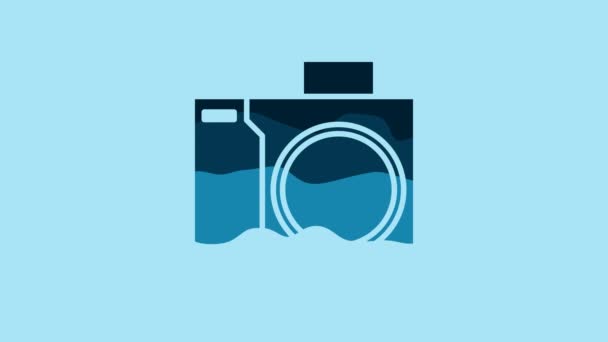 青の背景に隔離されたダイバーアイコンのための青の写真カメラ カメラのアイコン 潜水水中機器 4Kビデオモーショングラフィックアニメーション — ストック動画