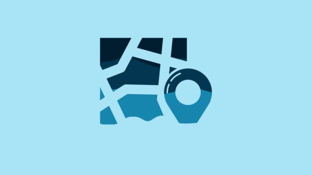青い背景に位置マーカーのアイコンが隔離された青い折りたたみマップ 4Kビデオモーショングラフィックアニメーション — ストック動画