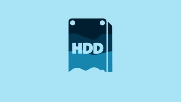 蓝色硬盘驱动器Hdd图标隔离在蓝色背景 4K视频运动图形动画 — 图库视频影像