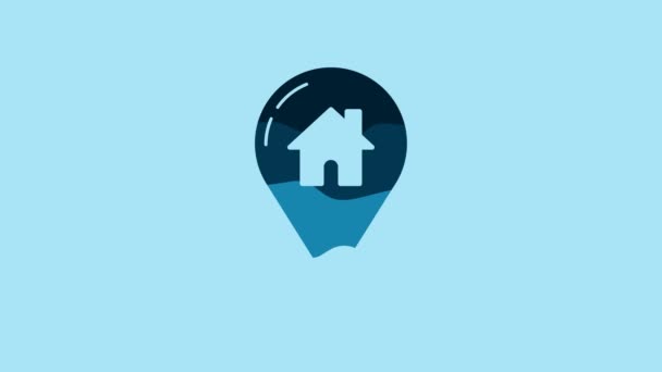 蓝色地图指针 带有蓝色背景隔离的房屋图标 家庭位置标识符号 4K视频运动图形动画 — 图库视频影像