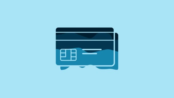 蓝色信用卡图标隔离在蓝色背景 网上支付 提取现金 金融业务 买东西的标志4K视频运动图形动画 — 图库视频影像