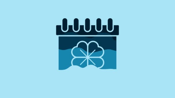 青の背景に隔離されたカレンダーアイコンと青の聖パトリックの日 4つの葉のクローバーのシンボル 3月17日 4Kビデオモーショングラフィックアニメーション — ストック動画