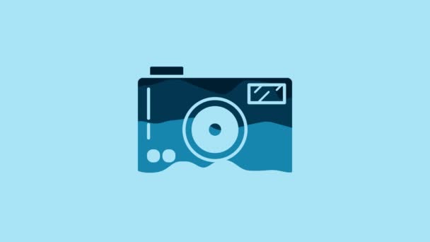 Блакитна Фотокамера Ізольована Синьому Фоні Піктограма Фотоапарата Відео Рух Графічна — стокове відео