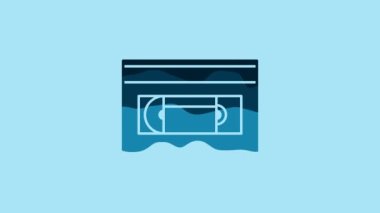 Blue VHS video cassette tape icon isolated on blue background. 4K Video motion graphic animation.