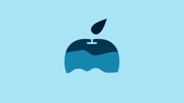 Blue Apple icon isolated on blue background. Fruit with leaf symbol. 4K Video motion graphic animation.