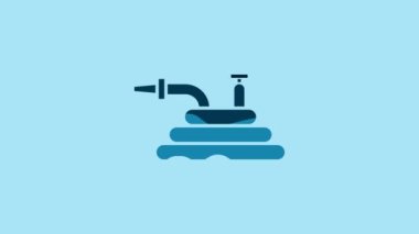 Blue Garden hose or fire hose icon isolated on blue background. Spray gun icon. Watering equipment. 4K Video motion graphic animation.