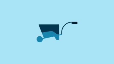 Blue Wheelbarrow icon isolated on blue background. Tool equipment. Agriculture cart wheel farm. 4K Video motion graphic animation.
