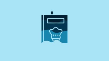 Blue Cookbook icon isolated on blue background. Cooking book icon. Recipe book. Fork and knife icons. Cutlery symbol. 4K Video motion graphic animation.