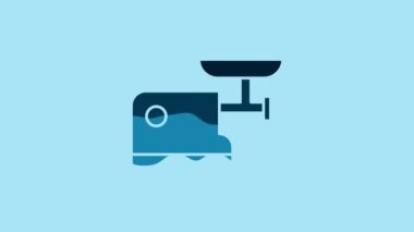 Blue Kitchen meat grinder icon isolated on blue background. 4K Video motion graphic animation.