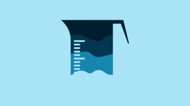 Blue Measuring cup to measure dry and liquid food icon isolated on blue background. Plastic graduated beaker with handle. 4K Video motion graphic animation.