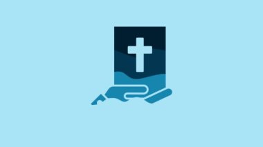 Blue Oath on the Holy Bible icon isolated on blue background. The procedure in court. Truth and truth. Promise before god. 4K Video motion graphic animation.